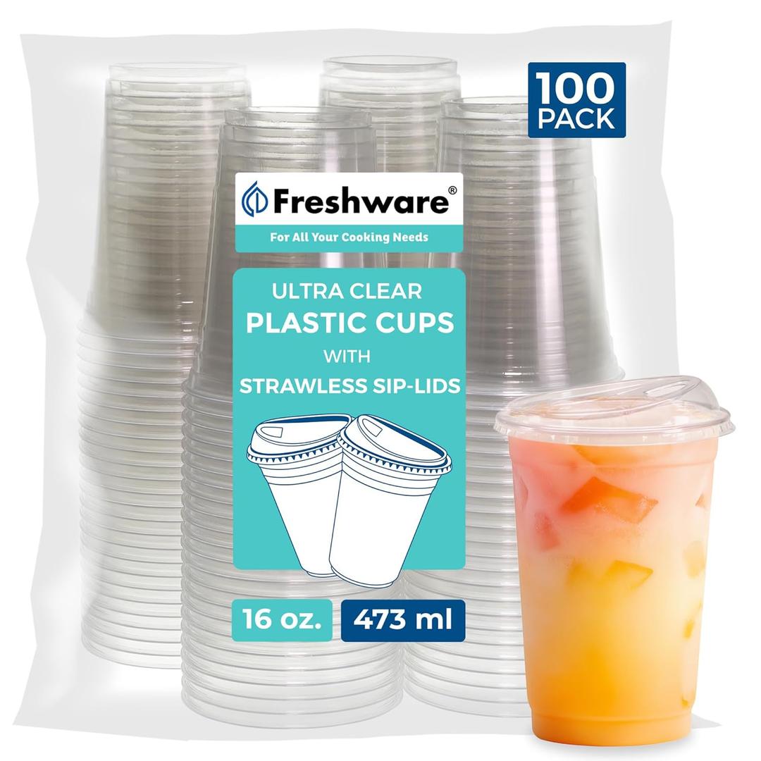 Freshware Clear Plastic Cups with Strawless Sip Lids [100 Cups - 16 oz] Disposable Tumblers for Iced Coffee, Smoothie, Milkshake, Cold Drinks