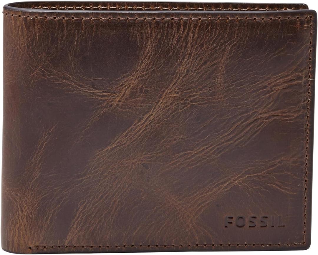 Fossil Men's Derrick RFID-Blocking Leather Bifold Wallet with Flip ID Window for Men (Dark Brown)