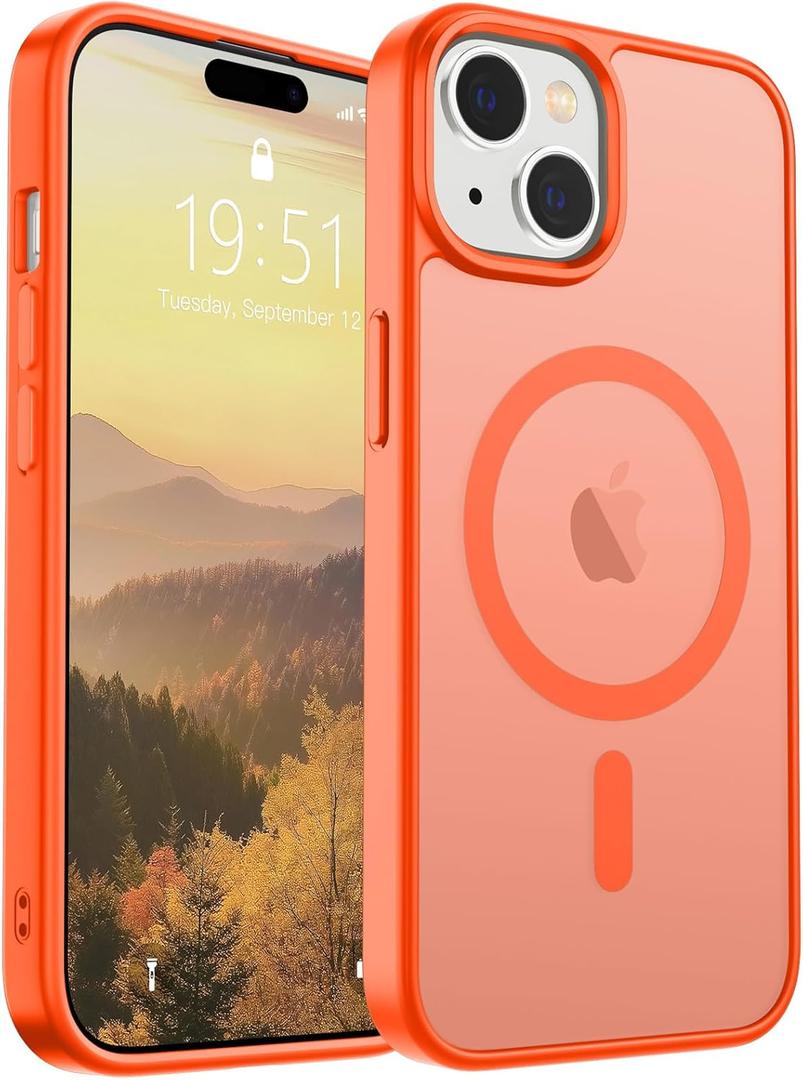 SUPFINE Magnetic for iPhone 15 Case (Compatible with MagSafe) (Military Grade Drop Protection) Slim Translucent Matte Shockproof with Anti-Fingerprint Phone Case, Orange