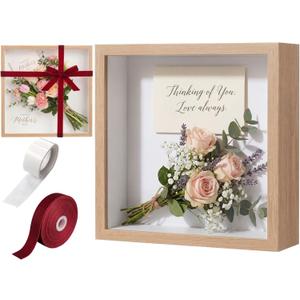 12"x12" Wedding Shadow Box Frame Flower Display Case Kit, DIY Wood Color Picture Gift Box with Lid Deep Glass Case Red Velvet Ribbon for Gift Wrapping Craft Bouquet Flower Keepsake Memory