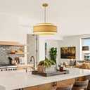 20" Golden Drum Chandelier with White Linen Lampshade 4-Light Modern Farmhouse Chandelier Light Fixture for Dining Room, Kitchen Island, Foyer, Entryway Bedroom