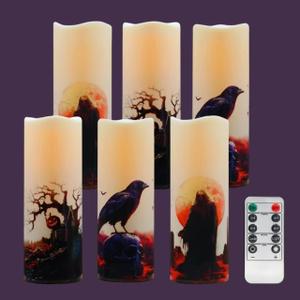 Halloween LED Flameless Candles, Gothic Design, Set of 6, 6x3 / 2.15 inch, Remote Control with Timer, Battery Operated (6, D 2.15 ")