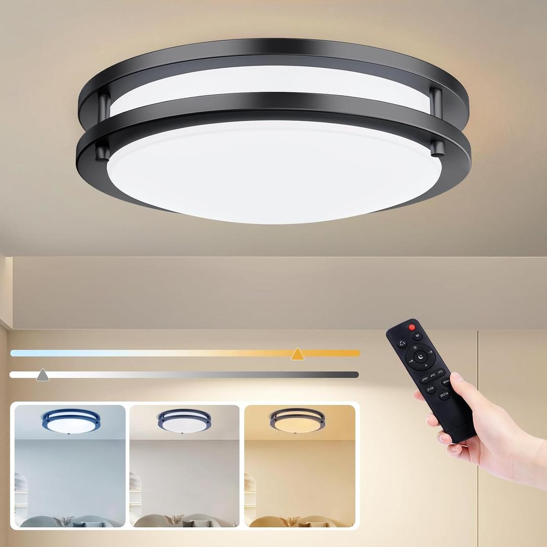 Kalium LED Ceiling Light with Remote 16 Inch Flush Mount Ceiling Light Fixture, 32W 3000K-6000K Adjustable Color Temperature, Dimmable Lighting Fixtures for Kitchen Bedroom Hardwired Installation  1Pack Matte Black, 16inch