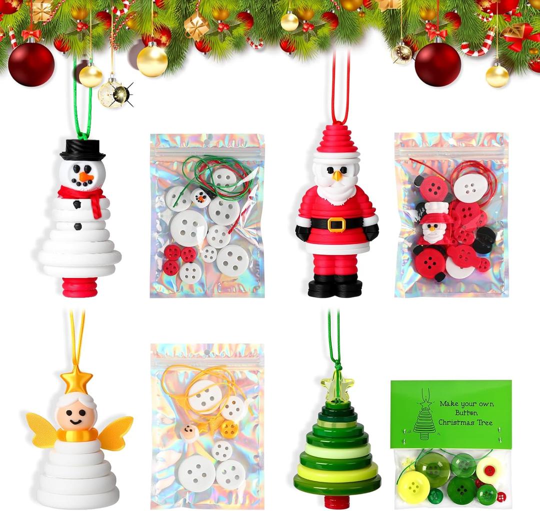 KoyunWong DIY Christmas Button Ornament Making Set, Craft Buttons Kit with Christmas Snowman/Santa/Angel/Tree, Stacked Colorful Buttons for Xmas Tree Hanging Decorations (4PCS)