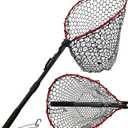 SEASPRO Foldable Rubber Fishing Net with Handle 37 47 Red Blue Telescoping Fish Net - Adjustable Length Lightweigh Collapsible Extendable Fishing Net (upgraded 2-section pole | net depth 50cm)