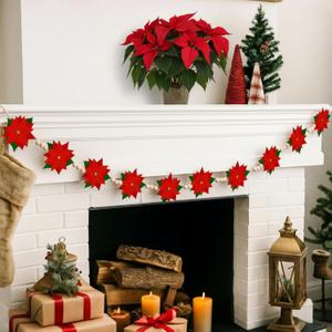 Roowest 6.5ft Christmas Poinsettia Wooden Beads Garland Farmhouse Christmas Poinsettia Indoor Outdoor Hanging Decor Red Flower Xmas Banner Garland for Home Wall Mantel Fireplace Window Patio