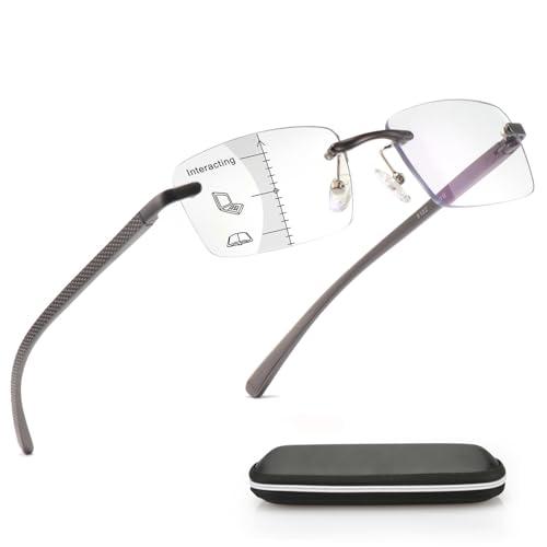 Missfive Premium Aluminum Progressive Multifocus Reading Glasses Men Blue Light Blocking, No-Line Multifocal Rimless Readers Metal Spring Hinge Office Eyewear Workspace for Near-Range, +2.0