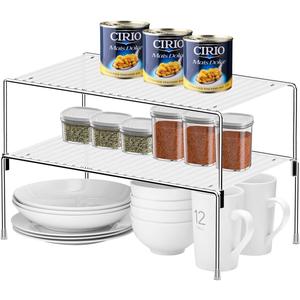 Set of 2 Kitchen Cabinet Organizer Shelves, Stackable Organizer and Storage for Cabinet Cupboard, Expandable Shelf Risers Plate Rack with Anti-Slip Plastic Liner