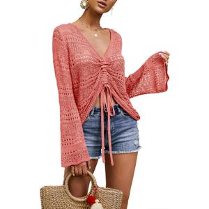 Saodimallsu Womens Boho Off Shoulder Sheer Crop Tops Bell Sleeve Flowy Oversized Crochet Ruched Pullover Sweaters (Small, Red)