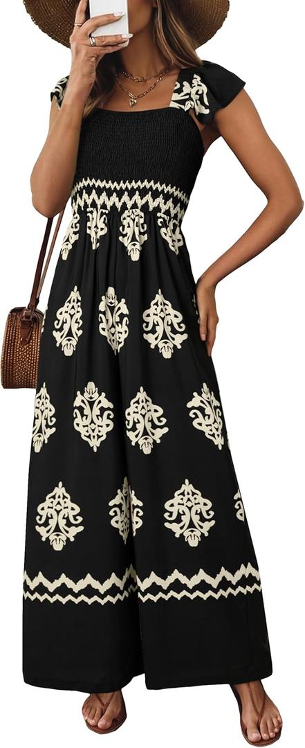 Happy Sailed Black Jumpsuits Rompers for Women Spring Summer Outfits Womens Overalls Square Neck Short Sleeve Graphic Printed Long Pants Romper Beach Vacation Outfits for Women, Medium