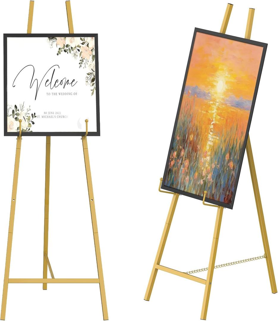46" H Metal Square Tube Scroll Display Easel, Vintage Gold Decorative Large Adjustable Floor Standing Easel with Chain Support, Perfect for Showcasing Pictures, Artwork, Picture Frame Wedding Sign Etc