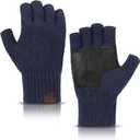 MAYLISACC 1/2 Pairs Winter Knit Fingerless Gloves, Warm Touchscreen Texting Open Finger Gloves with Anti-Slip Leather (Navy)