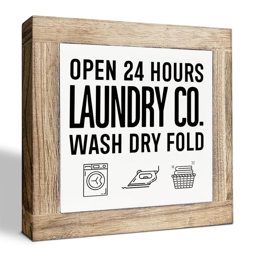 Open 24 Hours Laundry Co. Sign, Laundry Room Sign, Rustic Farmhouse Tabletop Decor for Home Bathroom, Funny Washing Room Wall Art Signs, Decorative Wooden Plaque Signs