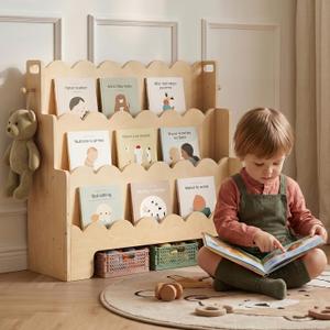 Scalloped Kids Bookshelf, 3-Tier Wooden Bookshelf for Kids' Room, Toddler Book Organizer and Montessori-Style Bookcase Display Shelf for Nursery, Bedroom, Playroom and Reading Corner