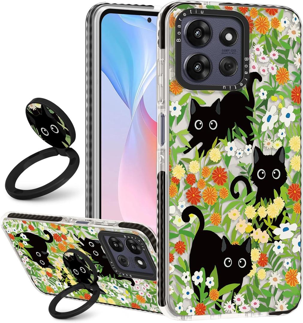 Boaretiu for Motorola Moto G Power/Play 2025 Case - with Stand Cute Kawaii Fashion 360 Rotate Ring Holder Kickstand Cat Flower for Women Girls Boys Teens Girly Case for Moto G Power/Play 2025