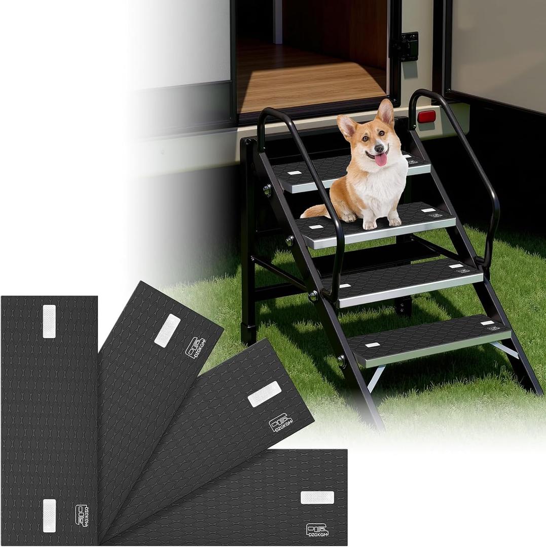 RV Step Covers 4 Pack Non-Slip Trimmable Self Adhesive EVA Foam RV Step Carpet, Camper Step Covers Deck, RV Stair Rug for Lippert & MORryde Trailer Step, Black Diamond Pattern, 19 x 7.5 inch