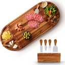 30 inch Large Acacia Wood Charcuterie Board with 4 Knives Set, Magnetic - 3 Parts Wooden Round Tray for Cheese - Long Appetizer Board for Serving Food Platter Cracker Snack