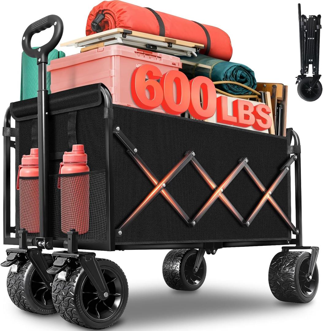 Collapsible Wagon Cart with All-Terrain Wheels - Folding Utility 600LBS Heavy Duty Wagons Carts for Grocery Sports Garden Shopping Camping Fishing (Black, 220L)