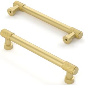 Asidrama 10 Pack 5 Inch(128mm) Brushed Gold Cabinet Pulls Knurled Cabinet Handles Cupboard Handles Gold Kitchen Cabinet Hardware for Cupboard Drawer Pulls (5" Hole Center)
