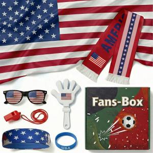 2 x 7 Pcs Cheering Kit for Football Matches, 2026 America Soccer Fan Game Day Accessory Set, Includes Flag, Glasses, Whistle, Clapper, Wristband, Scarf & Headband
