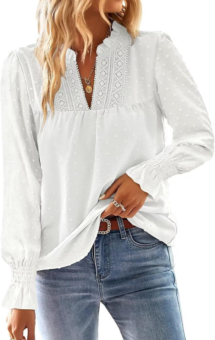 Boho Tops for Women V Neck Blouses Flowy Swiss Dot Dressy Casual Lace Women's Long Sleeve Shirts Trendy 2026 (Large, White)