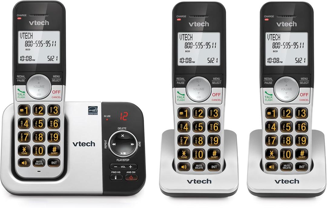 VTech 3-Handset Cordless Phone with Answering Machine, with Large Display and Big Buttons Caller ID, Full-Duplex Speakerphone, Last 10 Number Redial, Easy to use VG232-3