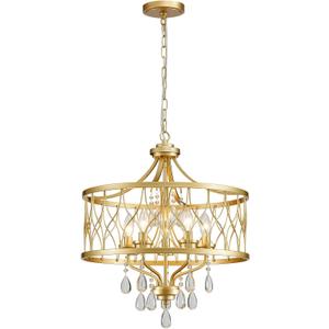 Gold Crystal Chandelier, 5-Light Modern Farmhouse Chandelier for Dining Room Vintage Hanging Pendant Light Fixtures, Gold Round Chandelier for Kitchen Island Entryway Foyer Bedroom Office Bar