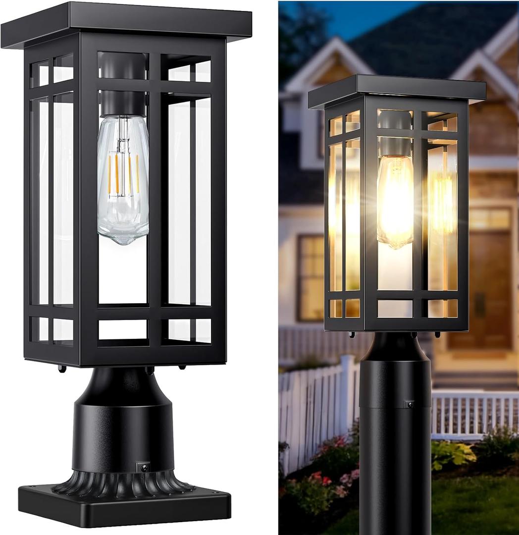 14'' Outdoor Solar Post Light, Dusk to Dawn Solar Lamp Post Light, Black Lamp Posts Light Fixture, Waterproof Outdoor Pole Lights for Yard Garage Porch Patio, 1Pack (Included Mounting Base)