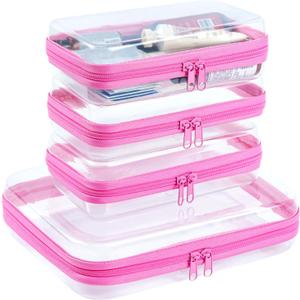 4 pcs Clear Zipper Pouches, Hard Shell Zipper Case, Makeup Organizer Travel Toiletry bag, Diaper Bag, Travel Organizer, Clear Cosmetic Bag,Toy Storage Bins (M+3S Pink)