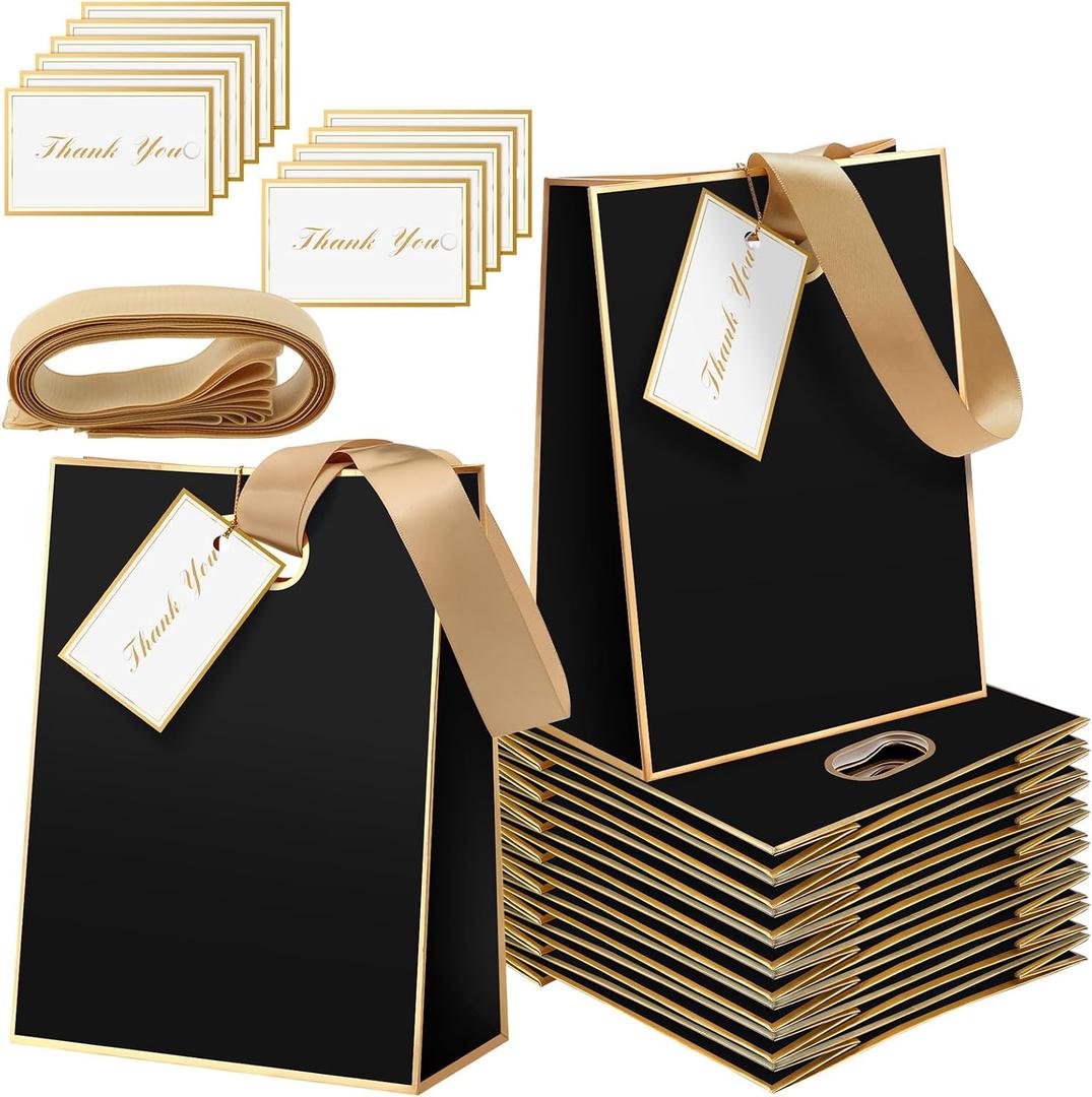 Kolldenn 24 Pcs Black Gold Paper Gift Bags with Ribbon Handles and Cards 8.27''x6.30"x3.15" Reusable Wedding Bridal Bags for Birthday Baby Shower Graduation Thank You Gift Party Favors