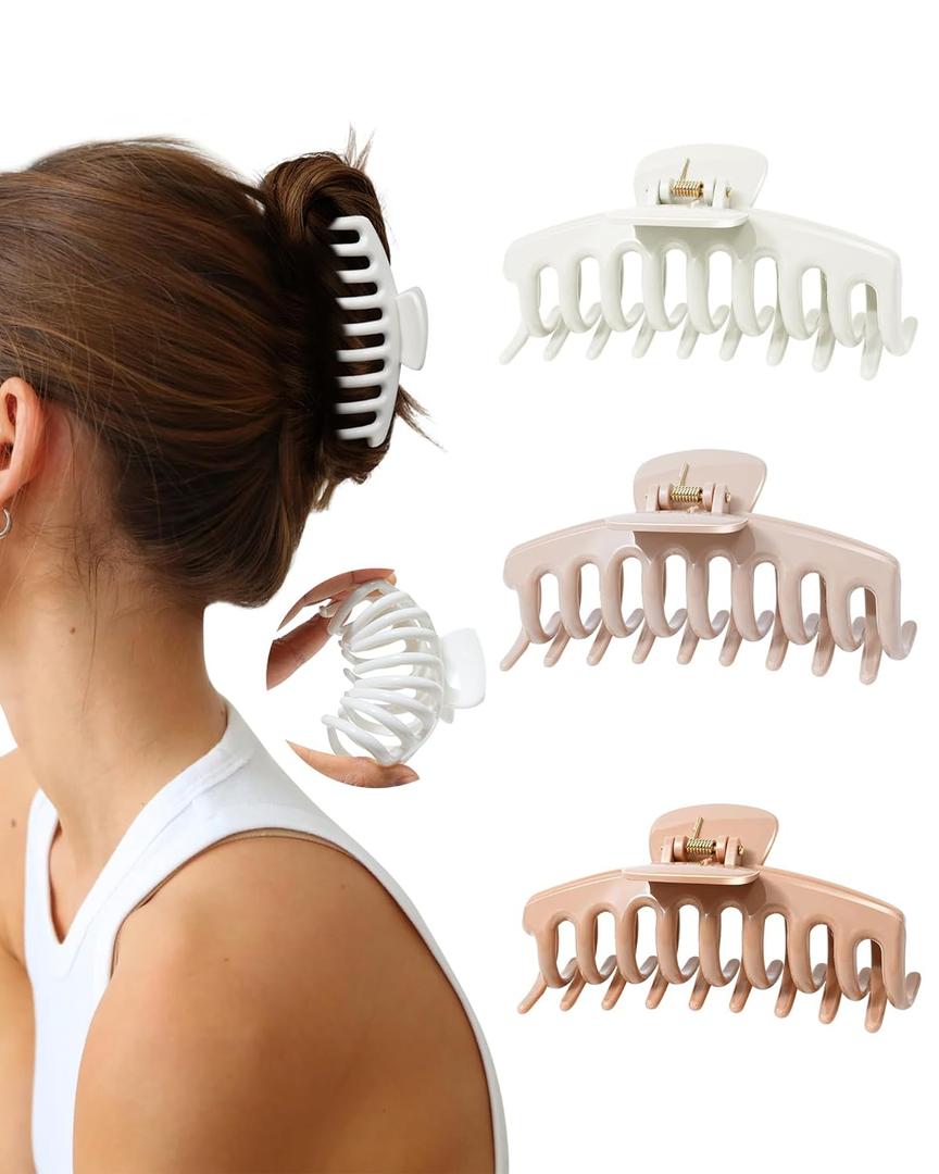 3Pcs Silicone Hair Clips Flexible Claw Clips for Women Cloud Clip Bendable Large Hair Claw Clip (White + Dark Khaki + Light Khaki)