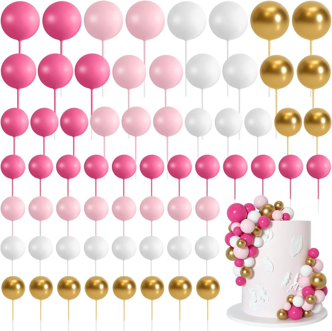 75 Pieces Cake Balls Topper Decorations Foam Cupcake Topper Mini Balloon Cake Topper Balls Cake Picks for Cake Deco Birthday Party WeddingRose Pink, Pink, Gold, White