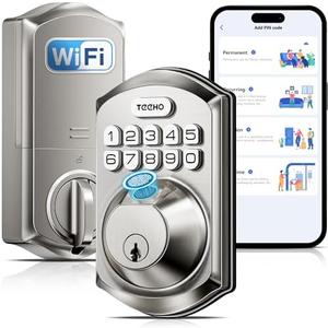 TEEHO WiFi Smart Lock TE012W, Fingerprint Door Lock with Built-in Wi-Fi, Keyless Entry Keypad Smart Deadbolt, App Remote Control, Alexa Compatible, IP55 Waterproof for Front Door – Satin Nickel