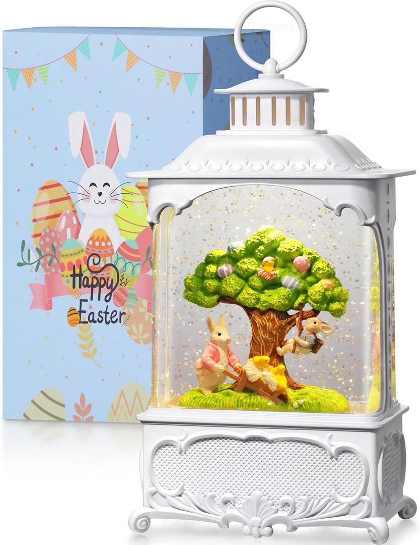 Easter Snow Globe Lantern Bunny Tree with Timer, USB and Battery Powered, Easter Decorations for Home Bunny Eggs Tree Chicken