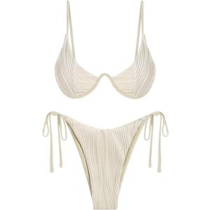 ZAFUL Women's Textured Underwire Bikini Set V Notch High Cut Swimwear Tie Side Ribbed Sexy Swimsuits (Beige, XS)