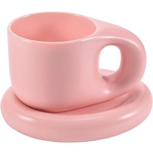 Koythin Ceramic Coffee Chubby Mug Saucer Set, Creative Cute Fat Handle Cup with Saucer for Office and Home, Dishwasher and Microwave Safe, 10 oz for Latte Tea Milk (Pink)