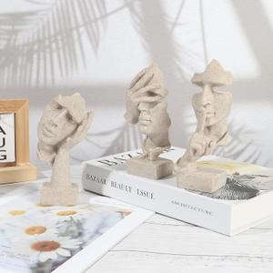 3Pcs Abstract Face Art Sculpture Thinker Statues Resin Figurines Modern Neutral Home Decor Accents for Shelf Living Room Coffee Table Office Desktop Gift for Men (Sandstone,Beige)
