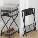 1-Piece Foldable Black Luggage Rack Stand with Storage Shelf – Heavy Duty Metal Suitcase Holder, 150 lbs Top, 50 lbs Bottom, Fits 20”-28” Luggage – Guest Room, Bedroom, Hotel LR-BK-1