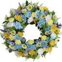Faux Silk Flower Spring Summer Easter Wreath 24-26" for Front Door  White Ranunculus Yellow Daisy Blue Hydrangea Green Eucalyptus Leaves  Farmhouse Front Porch Wreath, Outdoor Indoor Use