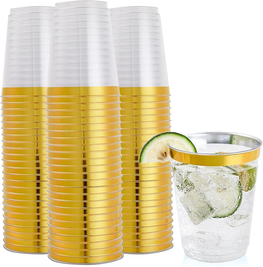 FOCUSLINE 10 oz Gold Plastic Cups, Disposable Clear Fancy Hard Plastic Cups, Gold Rimmed, Heavy Duty, Reusable,100 Count