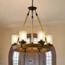 Rustic 6 Light Wagon Wheel Chandelier, Round Wood Pendant Light with Seeded Glass Shade, Farmhouse Chandeliers for Dining Room Kitchen Island Foyer Entryway