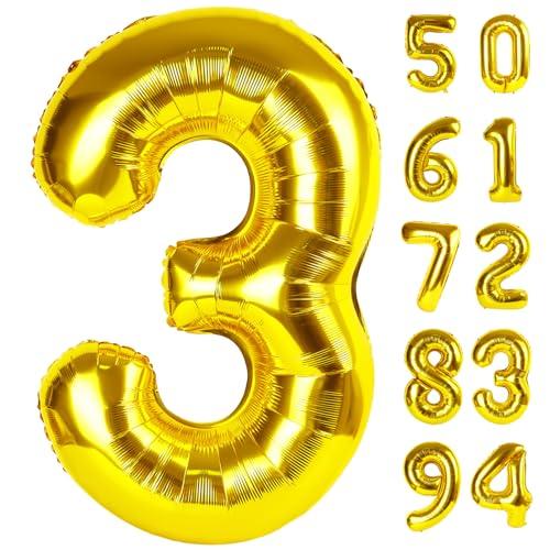 Gold 3 Balloon, Number Balloon 40 Inch, 3rd Three Year Old Birthday Deco, Gold Party Supplies for Party Decorations, Number 3 Balloon