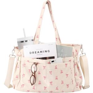 Dansydaisy Bow Corduroy Tote Bag for Women, 17 Pocket Cute Laptop School Work Tote Bag Large Capacity for Travel