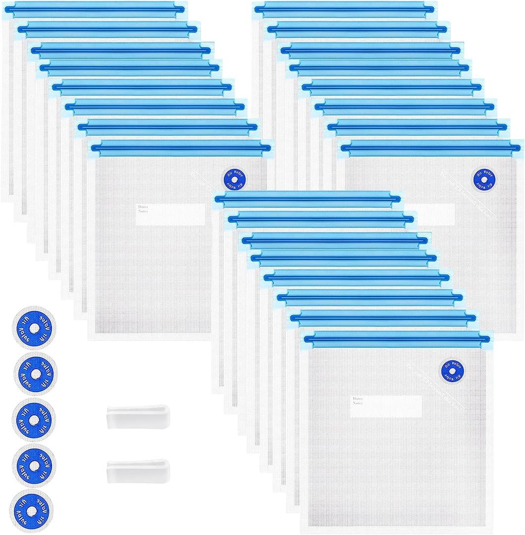 Sous Vide Bags 31 Pcs (24 Pcs Vacuum Zipper Bags & 2 Seal Clips & 5 Air Valves), Reusable BPA Free Vacuum Sealer Bags (11 * 10 in) Vacuum Food Storage Bags for Cooking/Food Storage/Microwave Heating