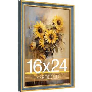 16x24 Picture Frame, HD Real Glass Ornate Vintage 16x24 Photo Frame, 16 by 24 Poster Frame with Gold Blue Texture Border Horizontal & Vertical Display for Tabletop or Wall Decor (1 Pack)
