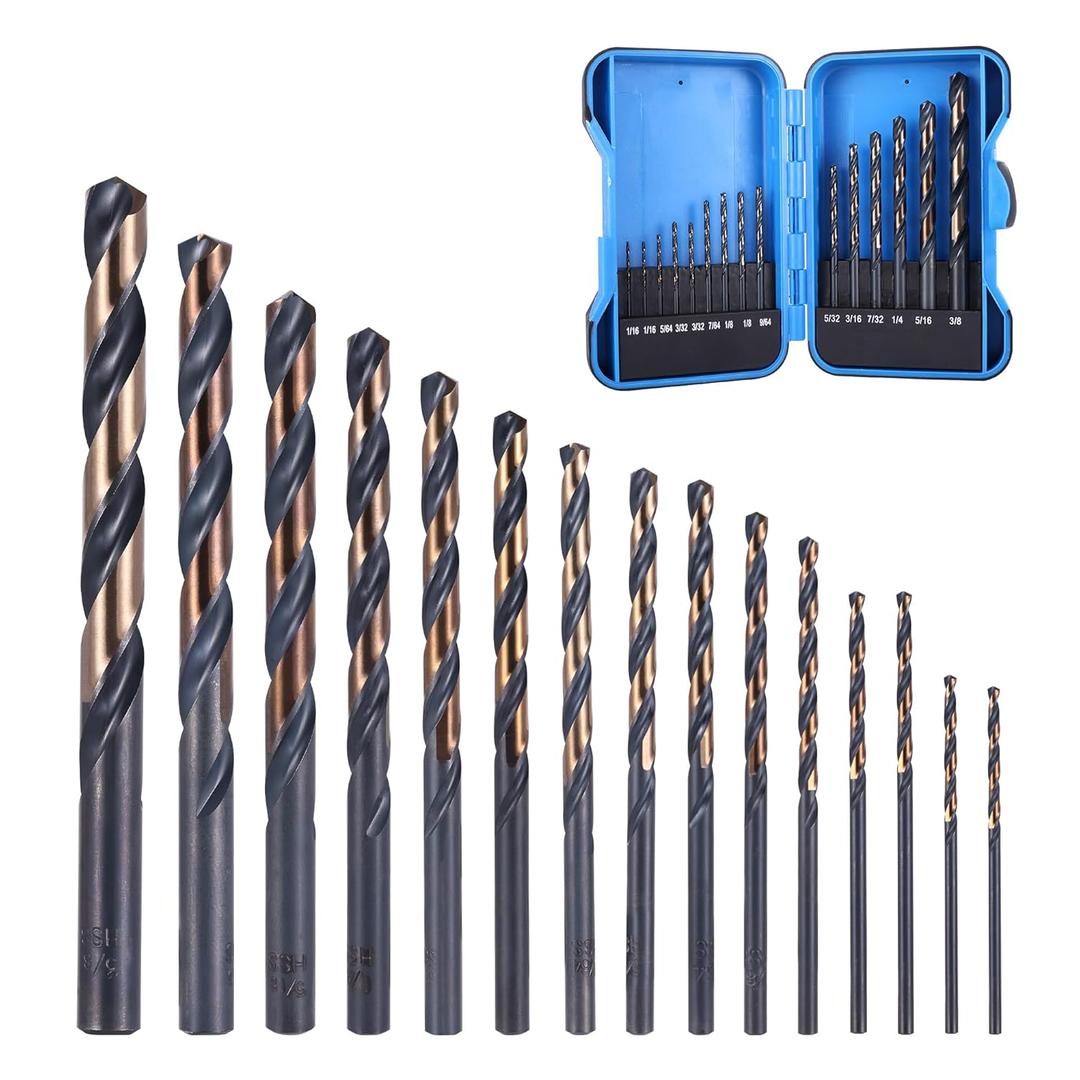 15Pcs Cobalt Drill Bit Set 1/16"-3/8", 135 Degree Tip HSS with Black and Gold Finish with Storage Case, Twist Jobber Drill Bit Kit for Cast Iron, Hard Metal, Stainless Steel, Plastic and Wood