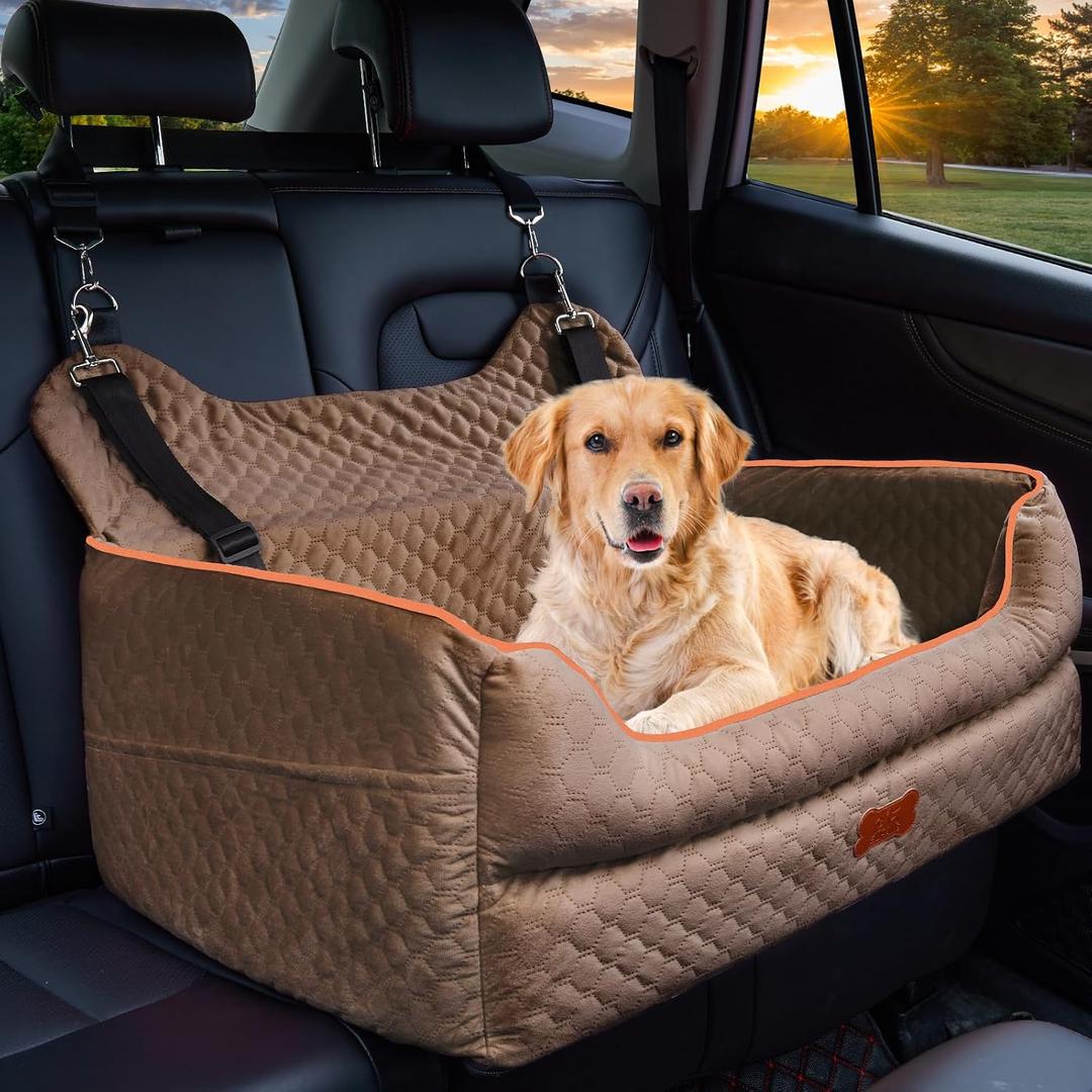 Dog Car Seat for Medium & Large Dogs Up to 55 lbs or 2 Small Dogs, Brown | Memory Foam Elevated Booster Seat with Safety Belts, 4-Inch Thick Cushion, Storage Pockets and Removable Washable Cover, Brown