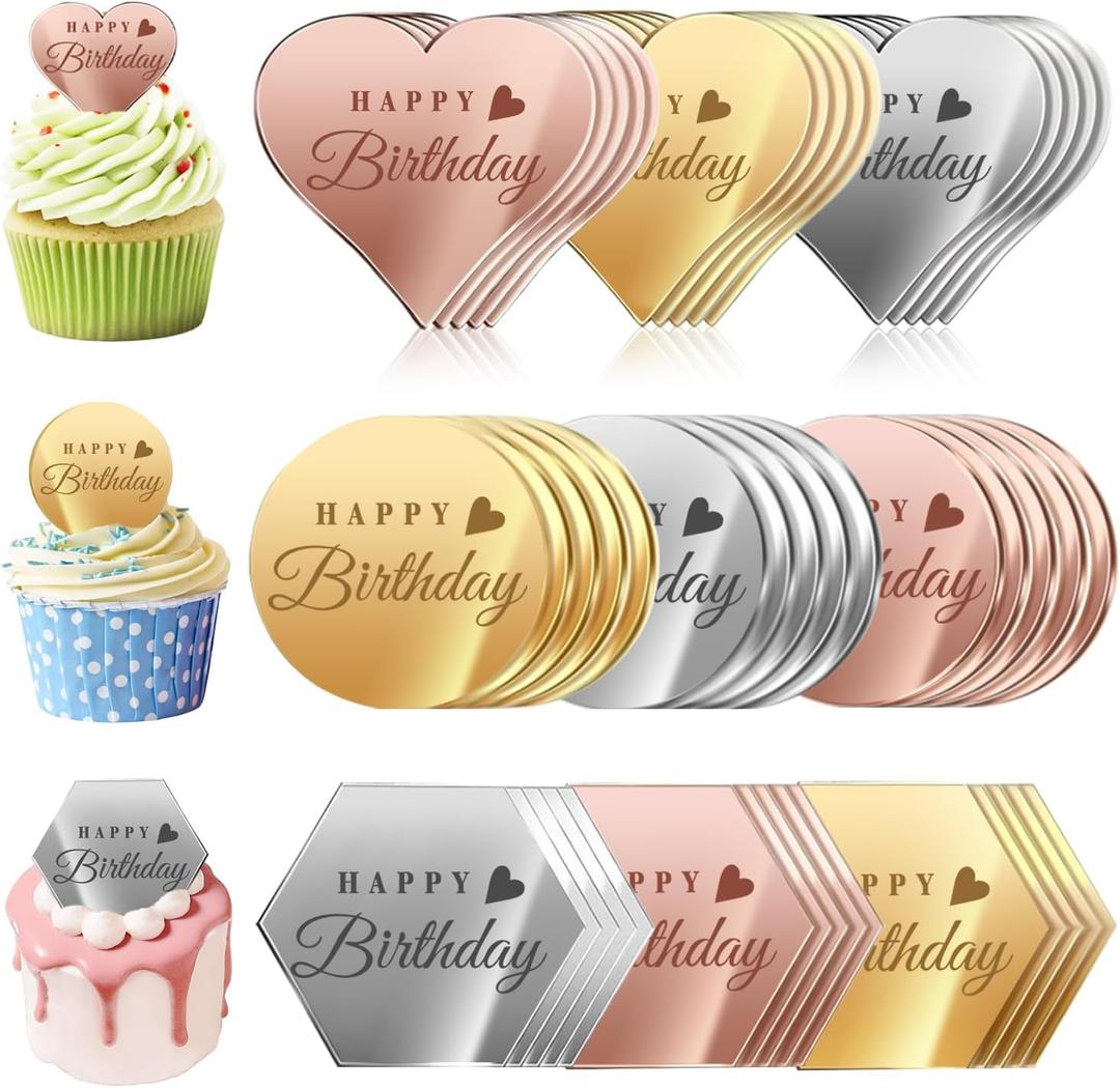 45PCS Happy Birthday Cake Toppers, Mirror Acrylic Cupcake Toppers 3 Multi-shape & 3 Different Color Custom Cupcake Picks for Birthday Party Anniversary Pastries Decorations