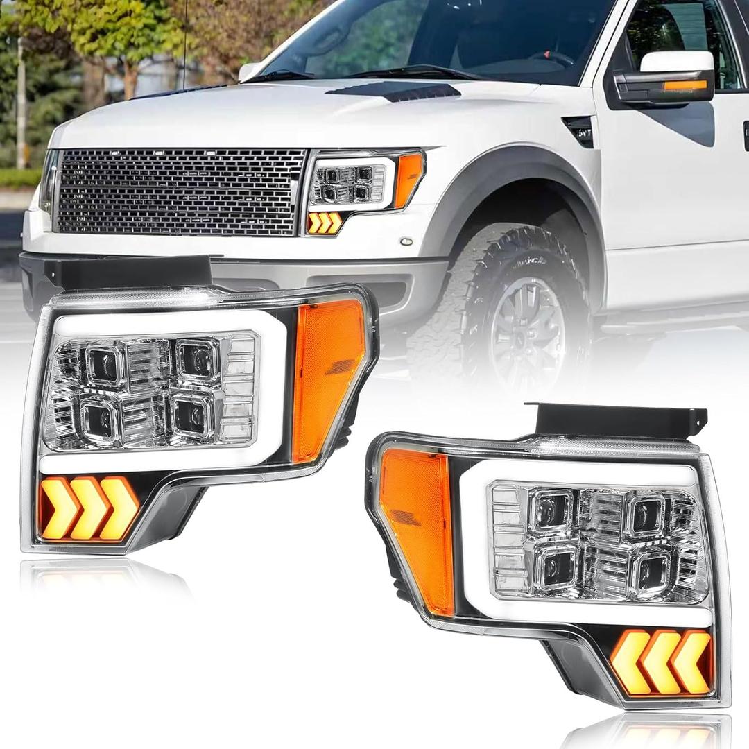 Pair for 2009-2014 Ford F150 Headlights w/Quad LED Projectors DRL Plug & Play Replace 09-14 F-150 Pickup Chrome Housing Amber Reflector