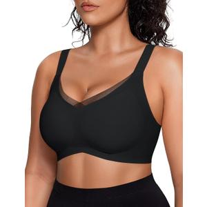 Vertvie Women's Wireless Bra Crossover Mesh Supportive Bras Full Coverage Seamless Smoothing Comfortable T-Shirt Bra(Black,XX-Large)
